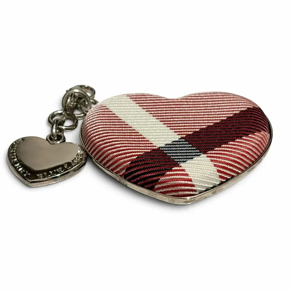 Burberry Blue Label Nova Check Heart Bag Charm Keychain Silver Tone Fob